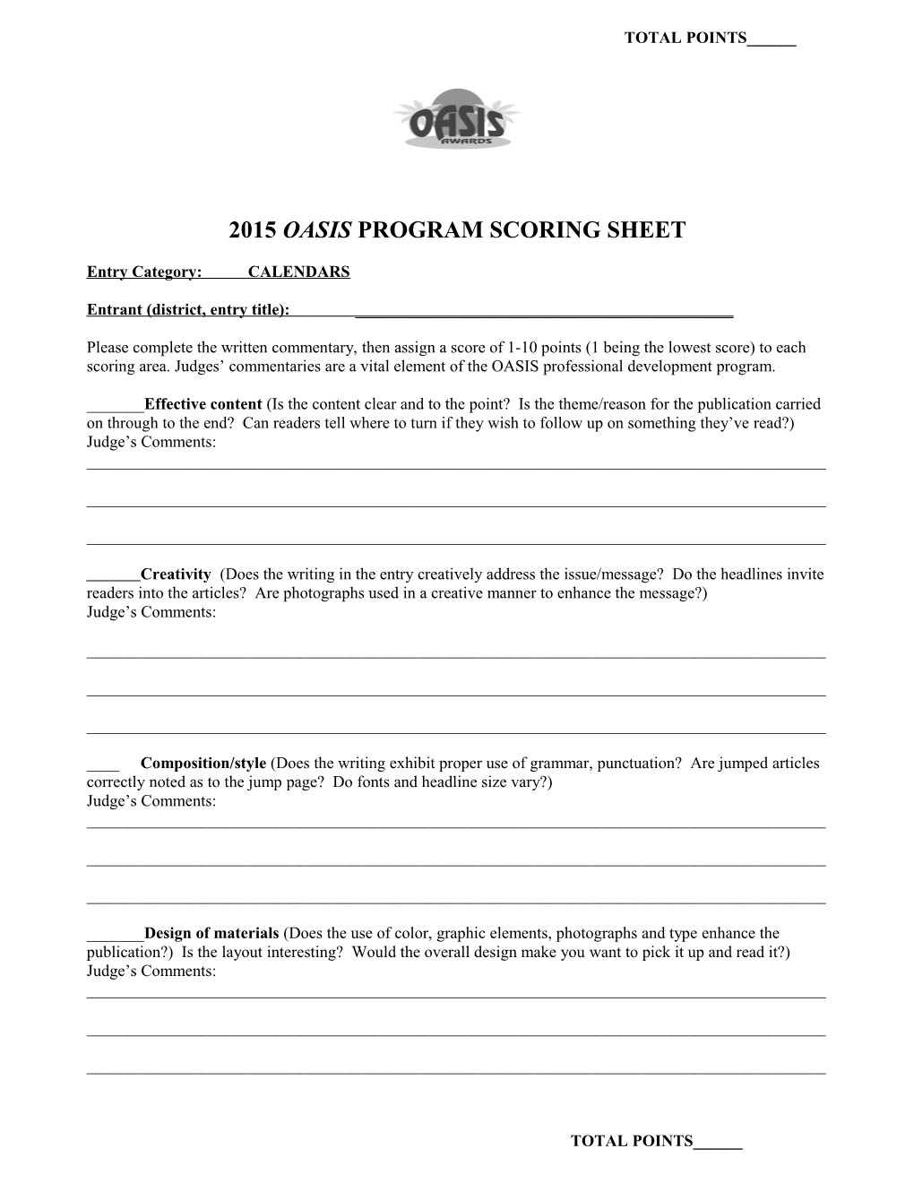 Use This Scoring Sheet for Writing, Categories 1-10