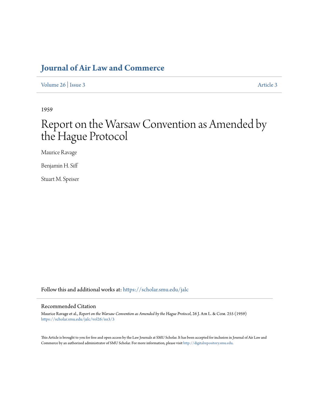 Report on the Warsaw Convention As Amended by the Hague Protocol Maurice Ravage