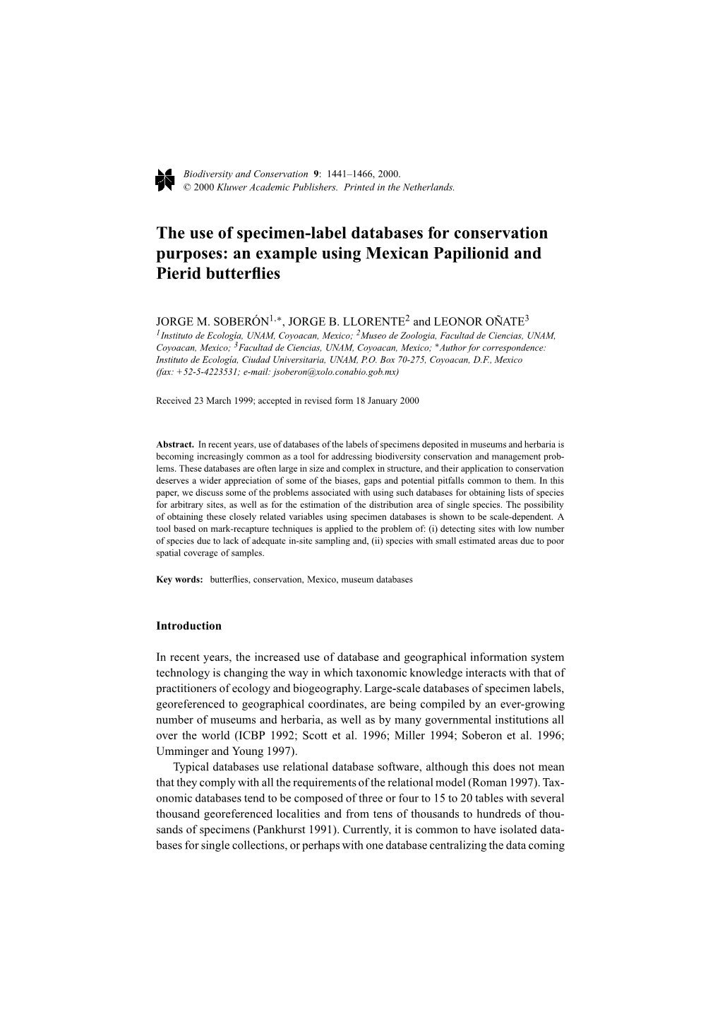 The Use of Specimen-Label Databases for Conservation Purposes: an Example Using Mexican Papilionid and Pierid Butterﬂies