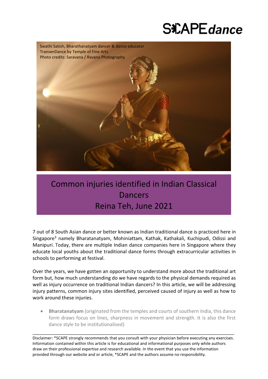 Common Injuries Identified in Indian Classical Dancers Reina Teh, June 2021