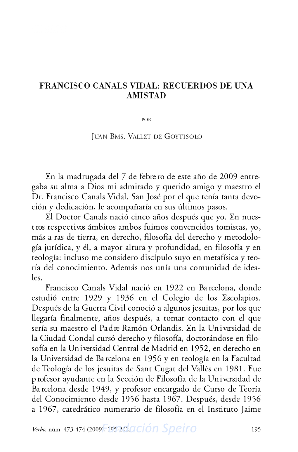 Francisco Canals Vidal. Recuerdos De Una Amistad