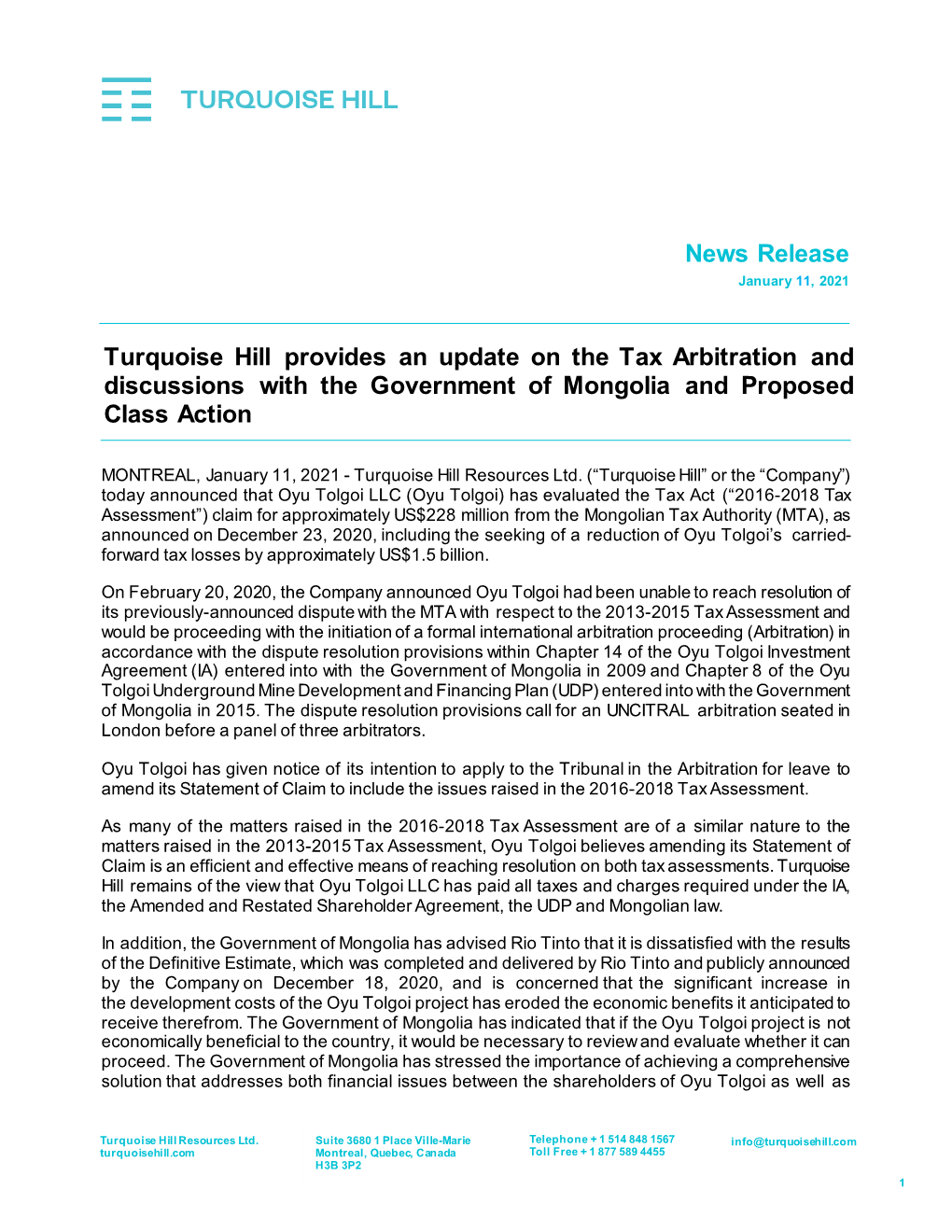 Turquoise Hill Provides an Update on the Tax Arbitration and Discussions