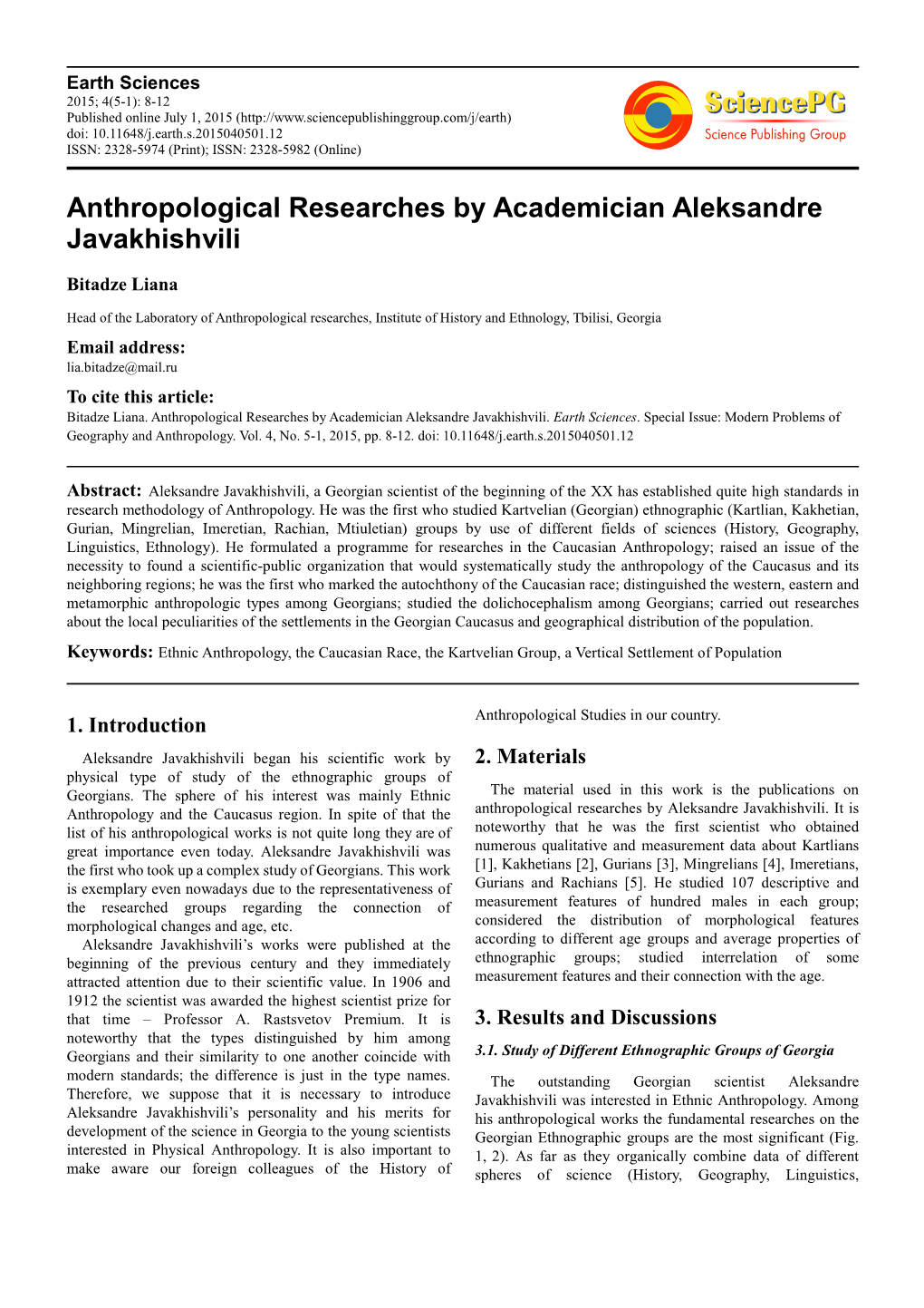 Anthropological Researches by Academician Aleksandre Javakhishvili