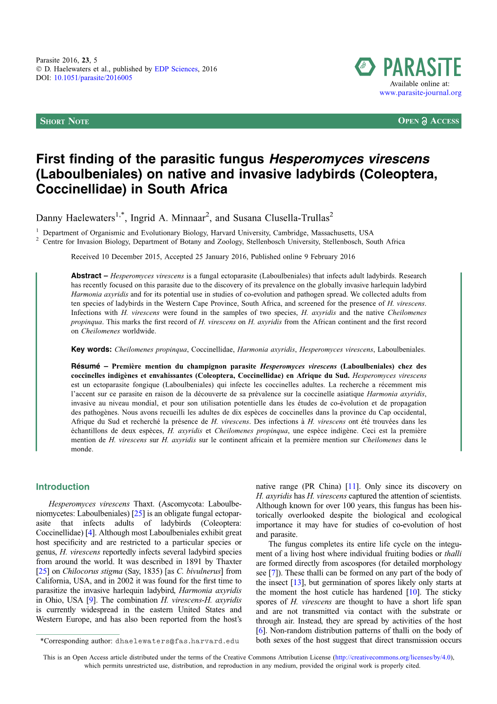 Laboulbeniales) on Native and Invasive Ladybirds (Coleoptera, Coccinellidae) in South Africa