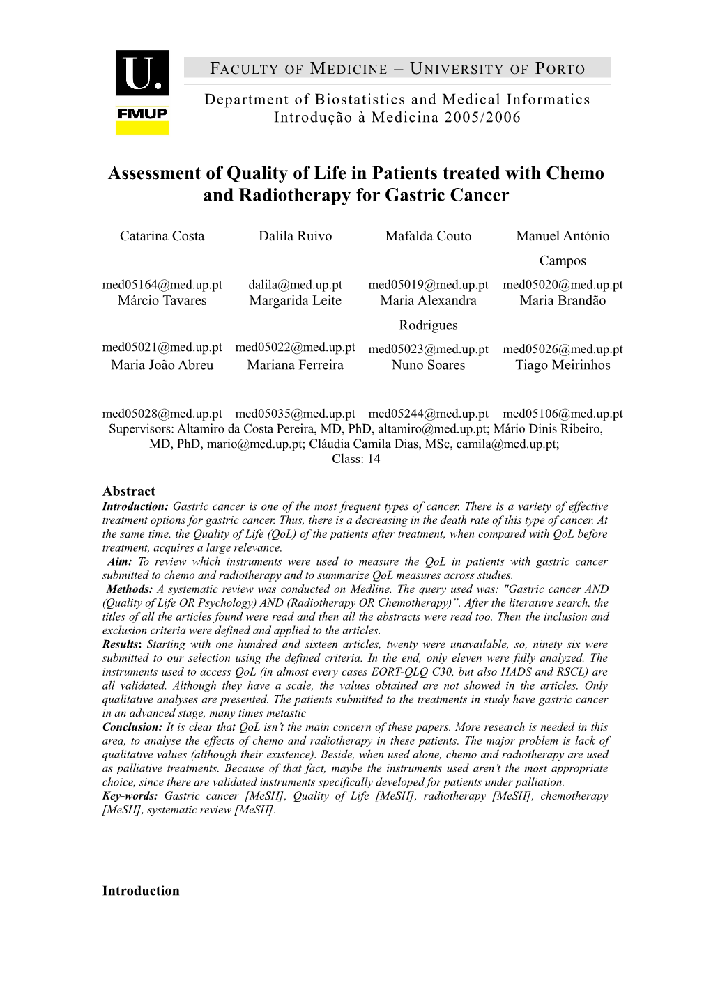 Assessment of Quality of Life in Patients Treated with Chemo and Radiotherapy for Gastric Cancer