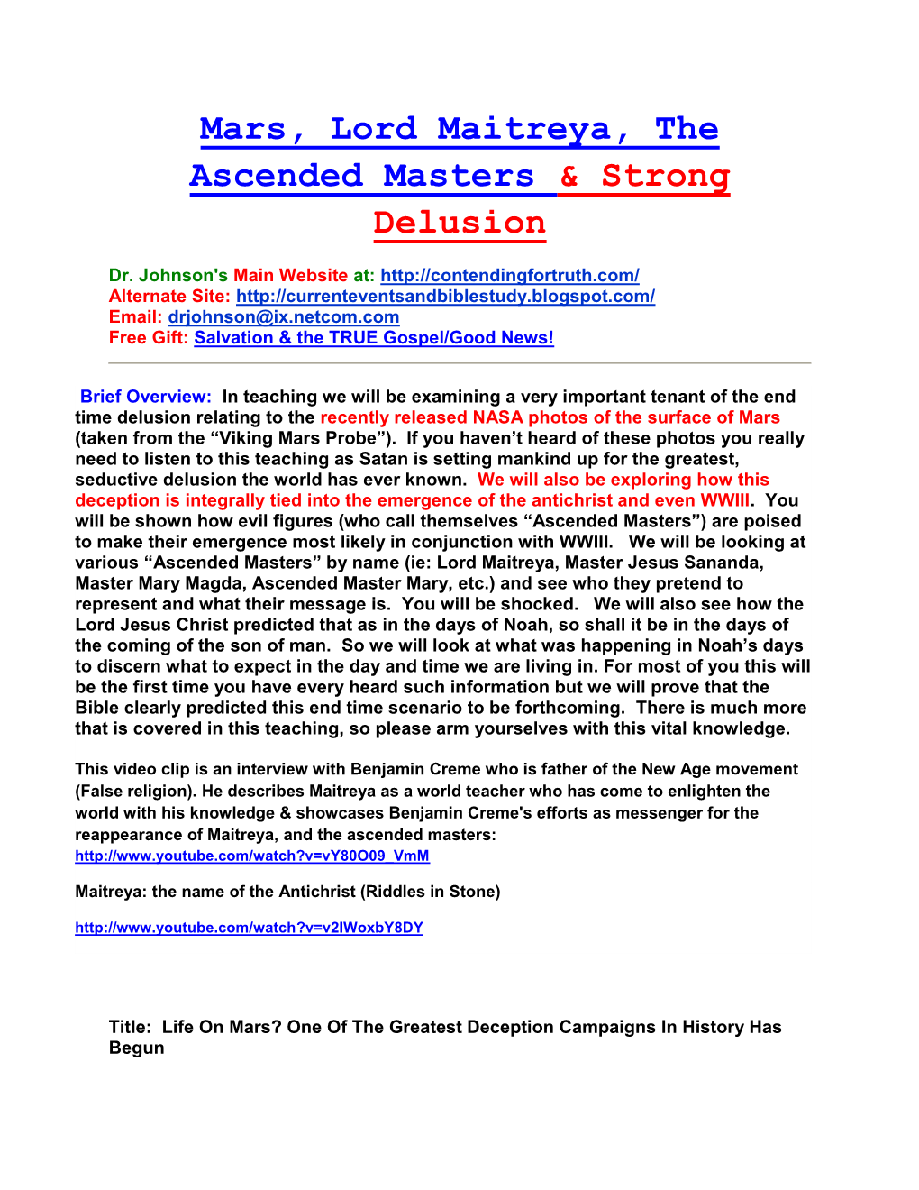 Mars, Lord Maitreya, the Ascended Masters & Strong Delusion