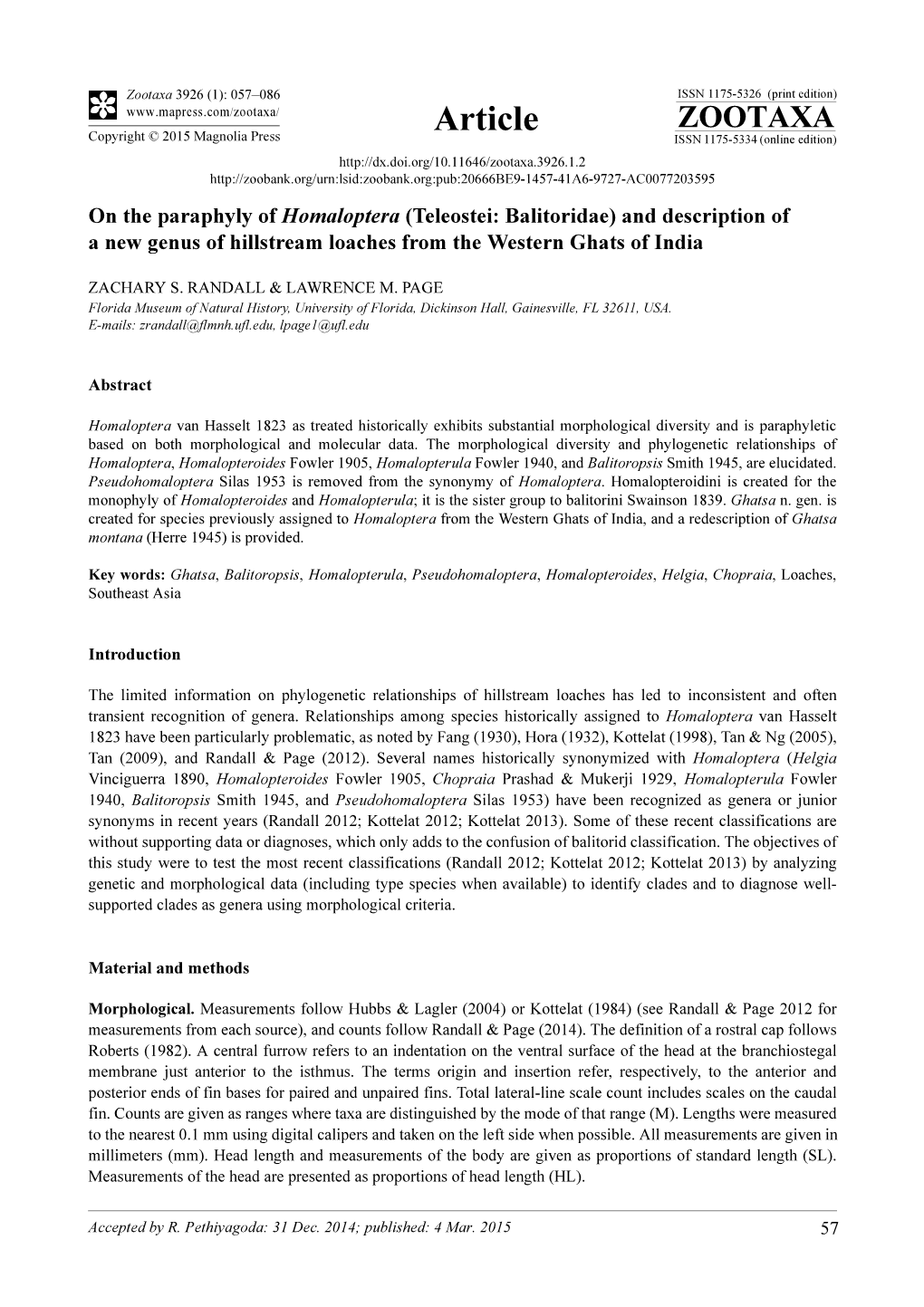 On the Paraphyly of Homaloptera (Teleostei: Balitoridae) and Description of a New Genus of Hillstream Loaches from the Western Ghats of India