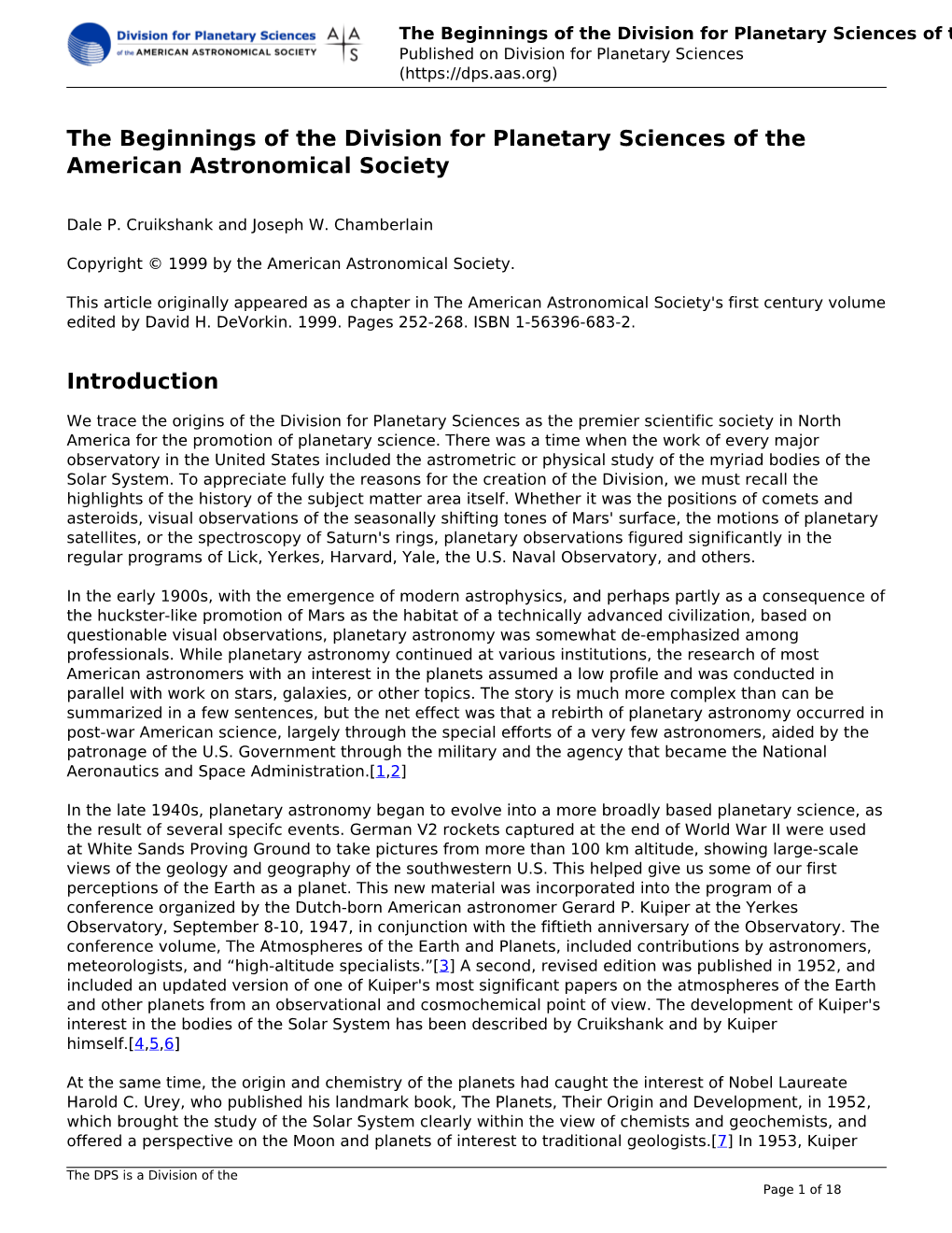 The Beginnings of the Division for Planetary Sciences of the American Astronomical Society Published on Division for Planetary Sciences (