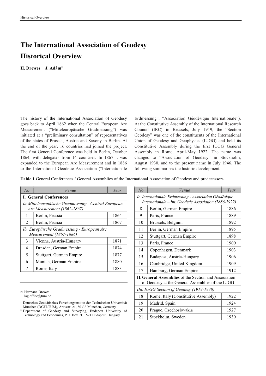 The International Association of Geodesy Historical Overview