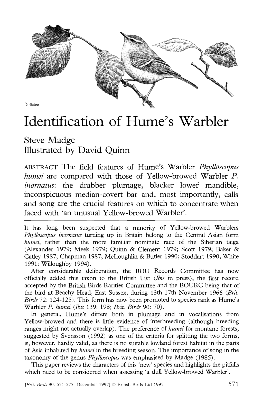 Identification of Hume's Warbler Steve Madge Illustrated by David Quinn