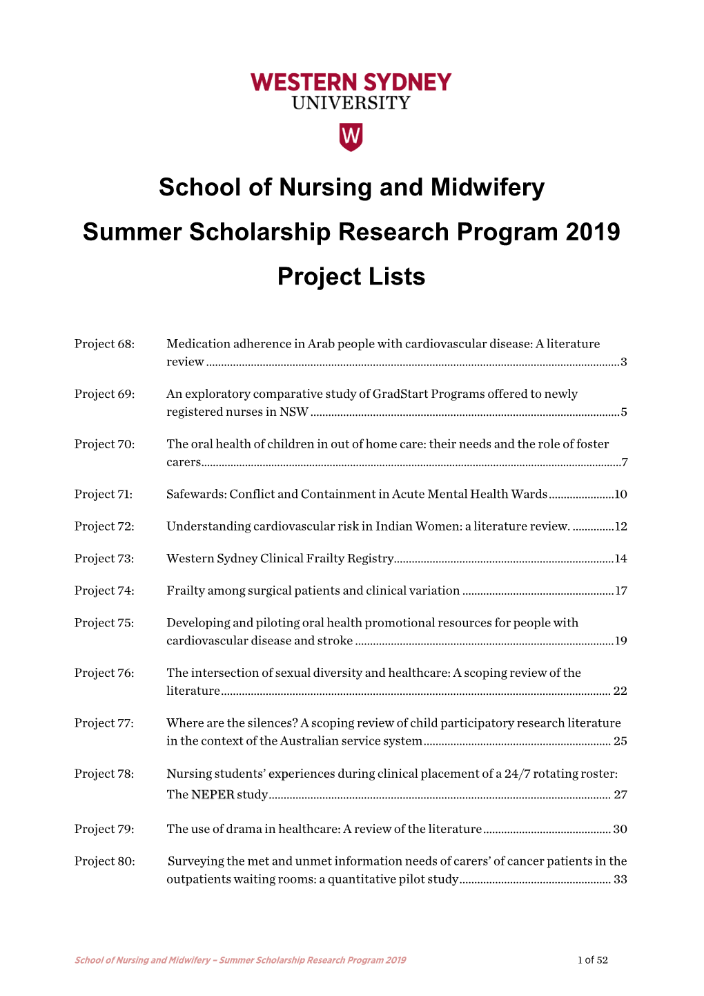 School of Nursing and Midwifery Summer Scholarship Research Program 2019 Project Lists