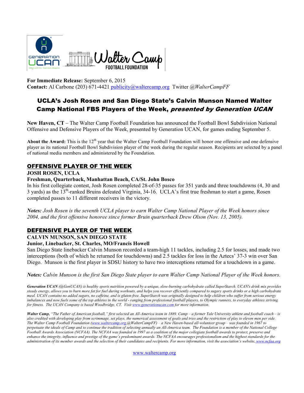 UCANN Generation to Sponsor Walter Camp National College