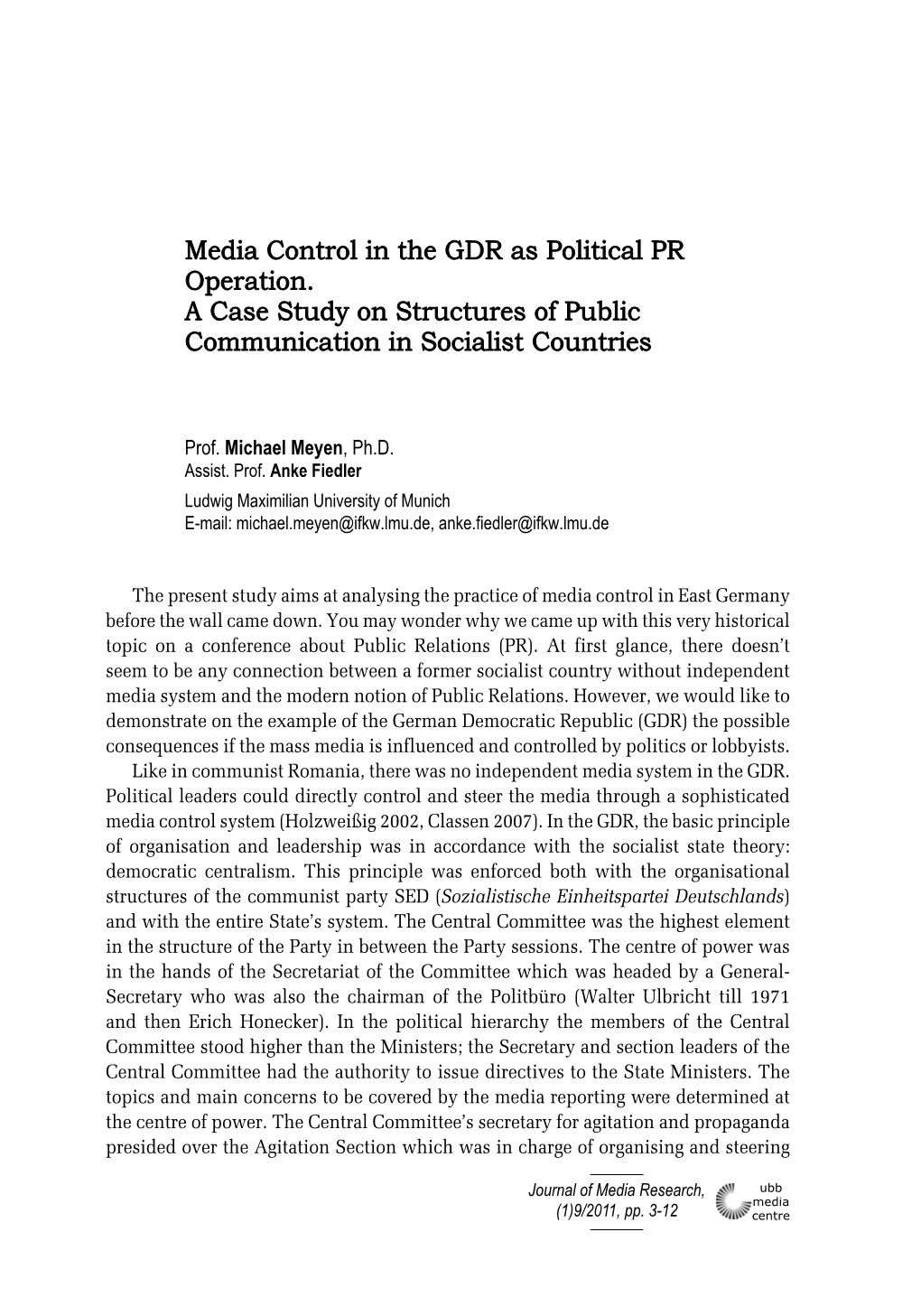 Media Control in the GDR As Political PR Operation. a Case Study On
