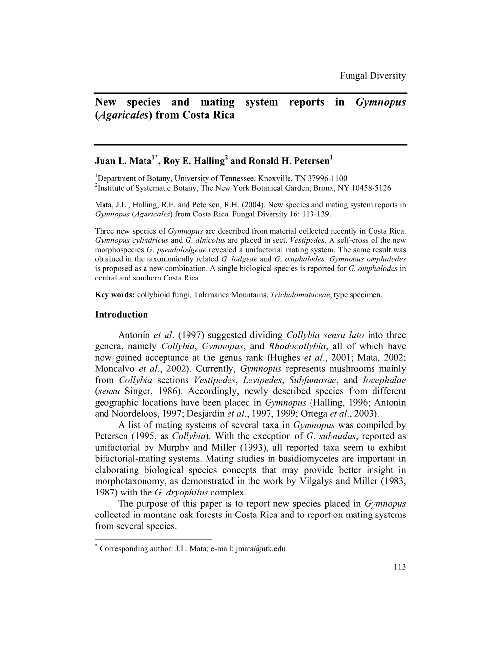 New Species and Mating System Reports in Gymnopus (Agaricales) from Costa Rica