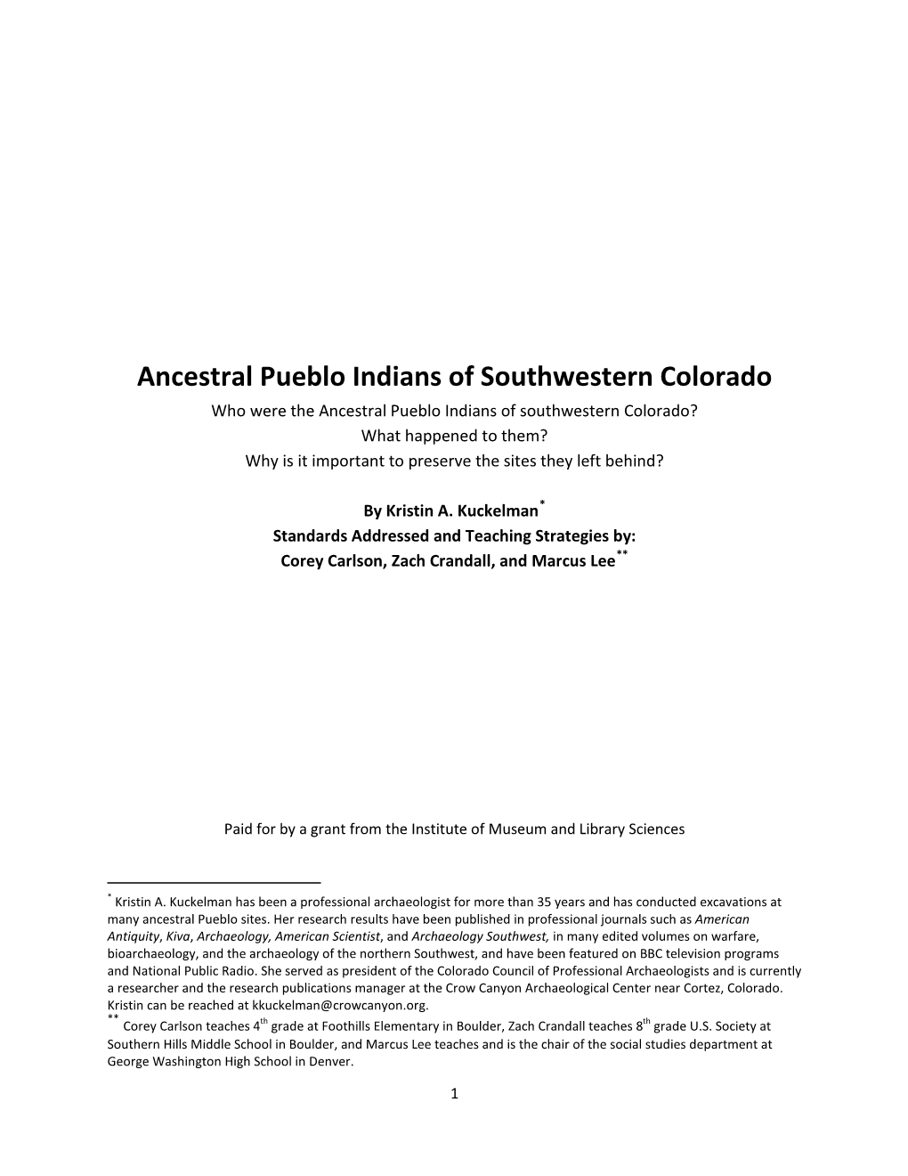 Ancestral Pueblo Indians of Southwestern Colorado