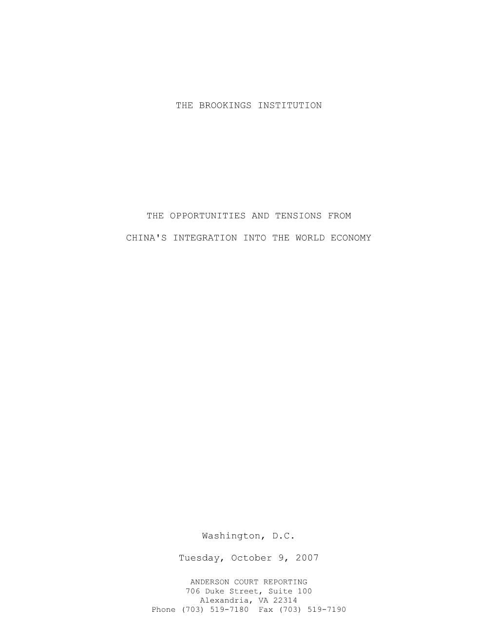 The Brookings Institution the Opportunities and Tensions