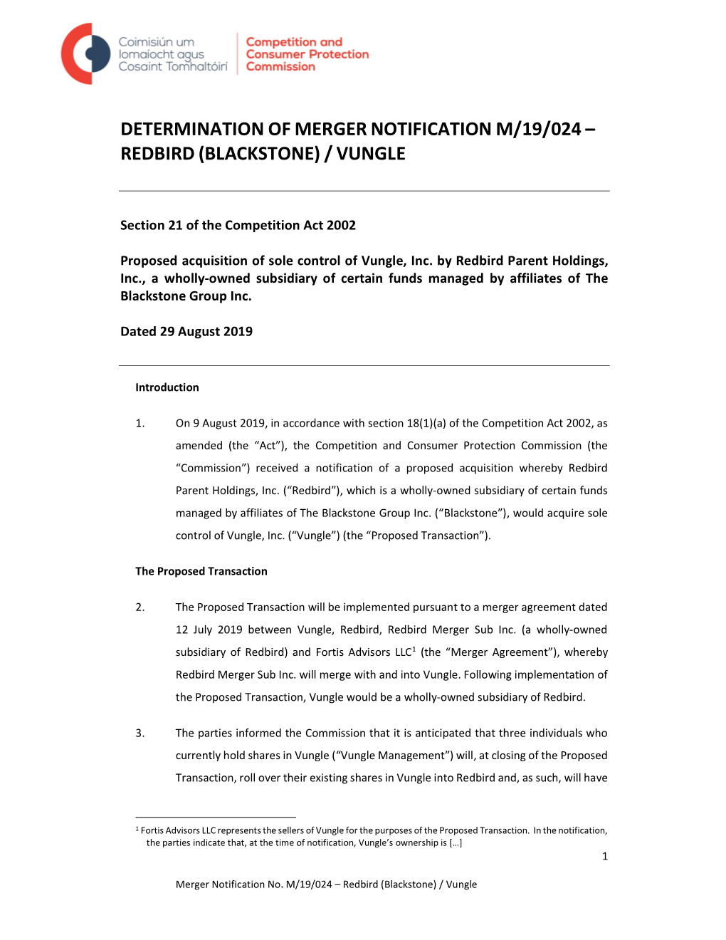 Determination of Mergernotification M/19/024 – Redbird (Blackstone)