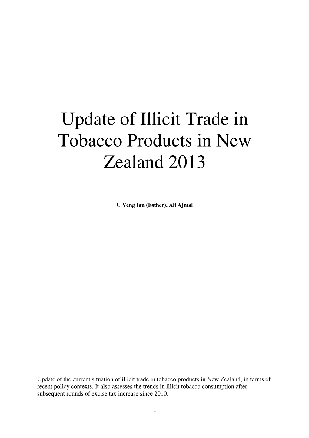 Update of Illicit Trade in Tobacco Products in New Zealand 2013