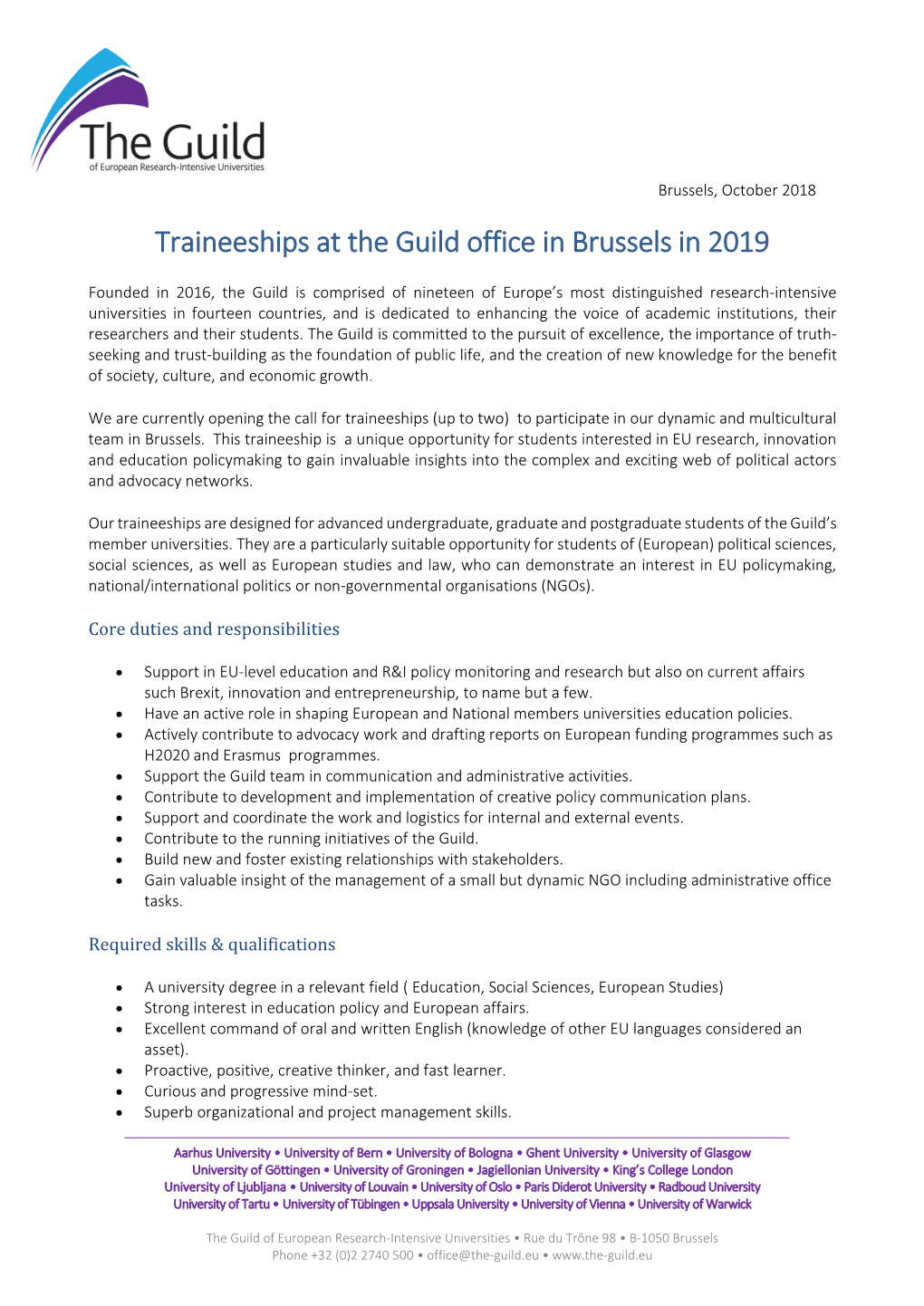 Traineeships at the Guild Office in Brussels in 2019