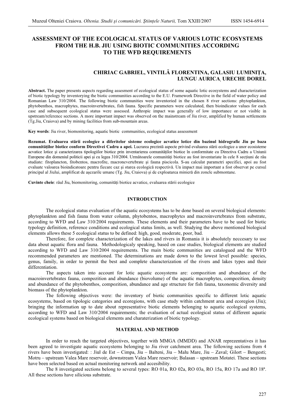 Assessment of the Ecological Status of Various Lotic Ecosystems from the H.B