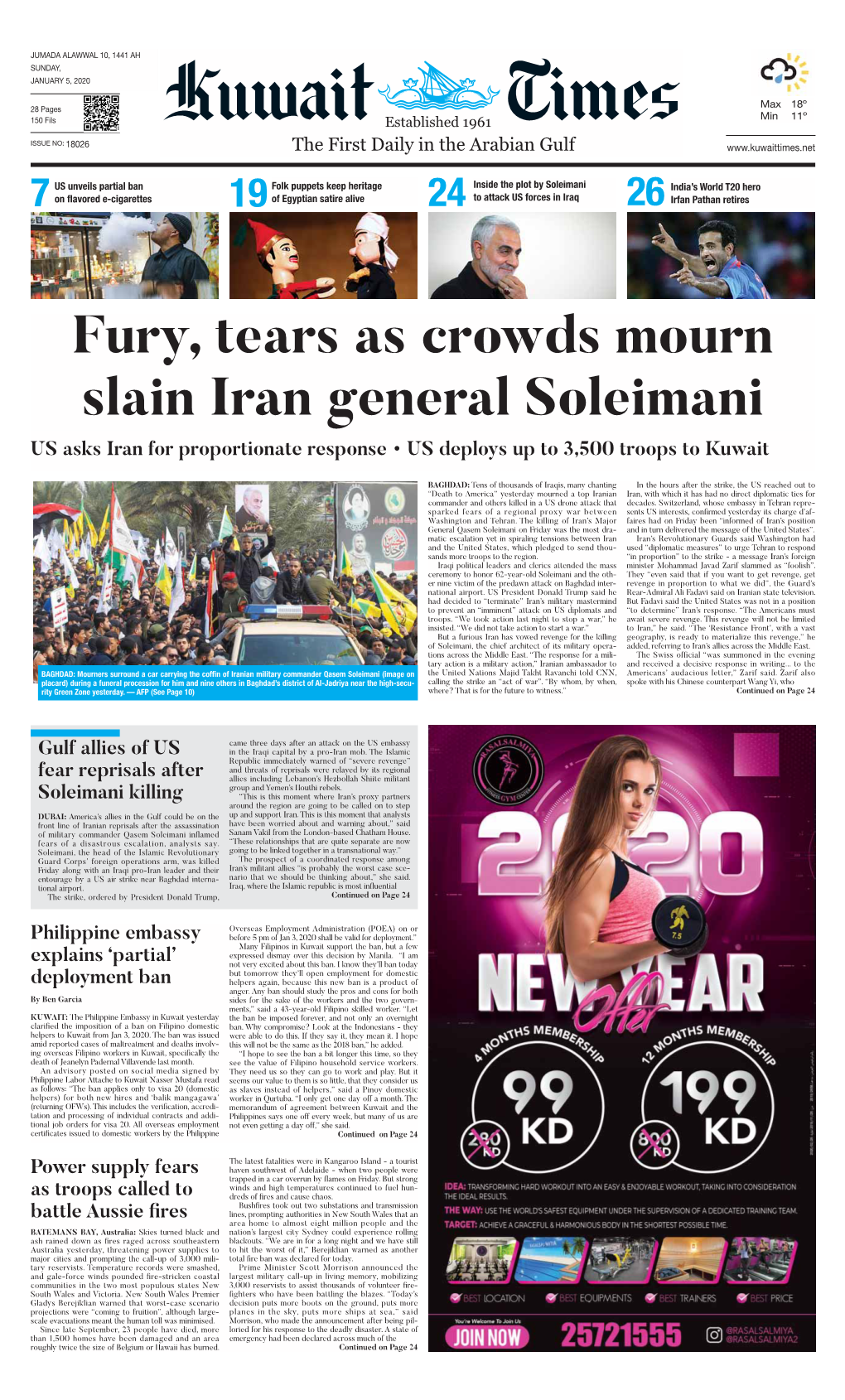 Fury, Tears As Crowds Mourn Slain Iran General Soleimani US Asks Iran for Proportionate Response • US Deploys up to 3,500 Troops to Kuwait