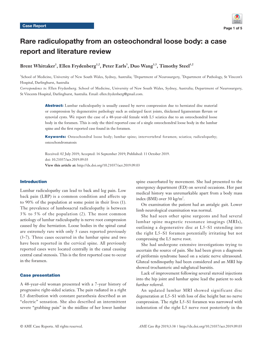 Rare Radiculopathy from an Osteochondral Loose Body: a Case Report and Literature Review