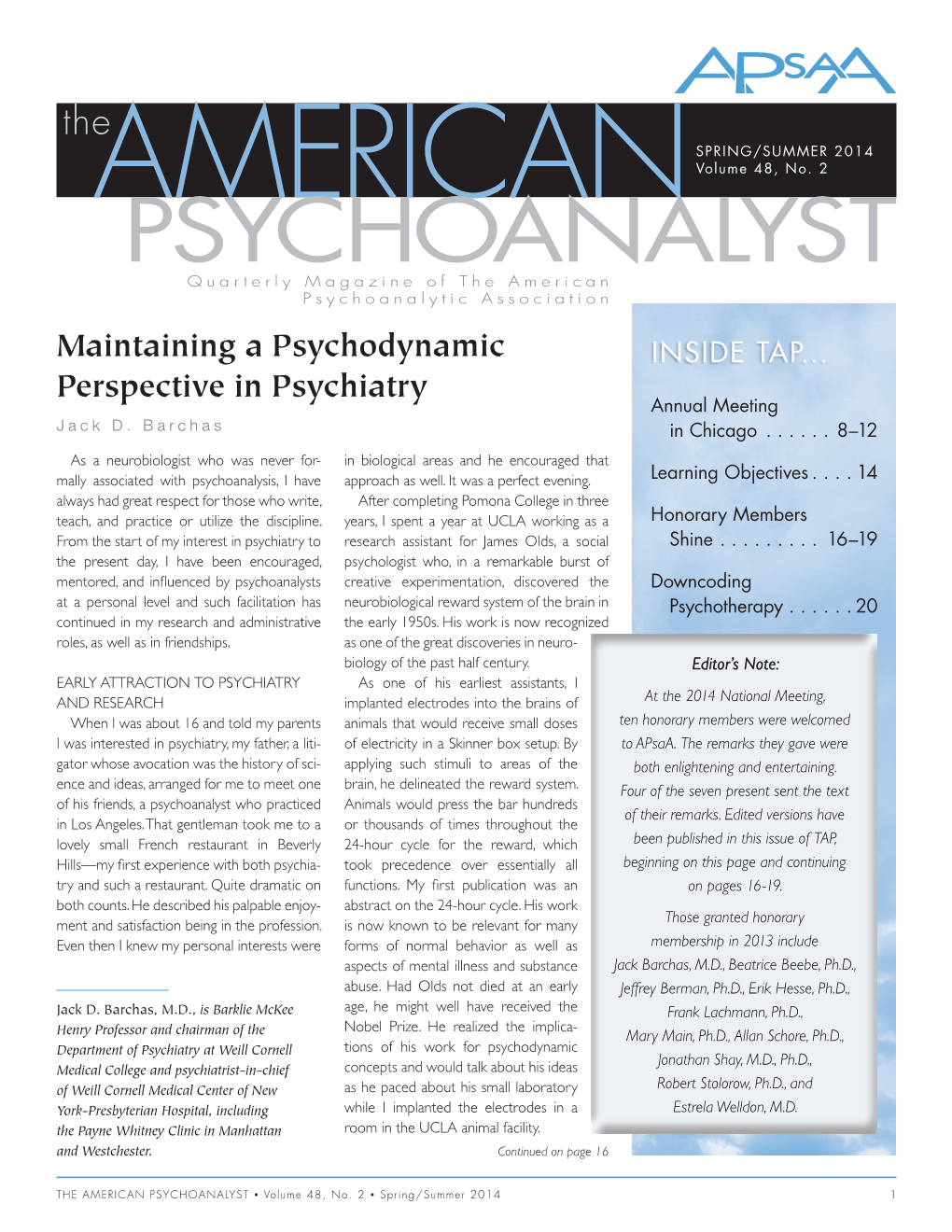 PSYCHOANALYST Quarterly Magazine of the American Psychoanalytic Association