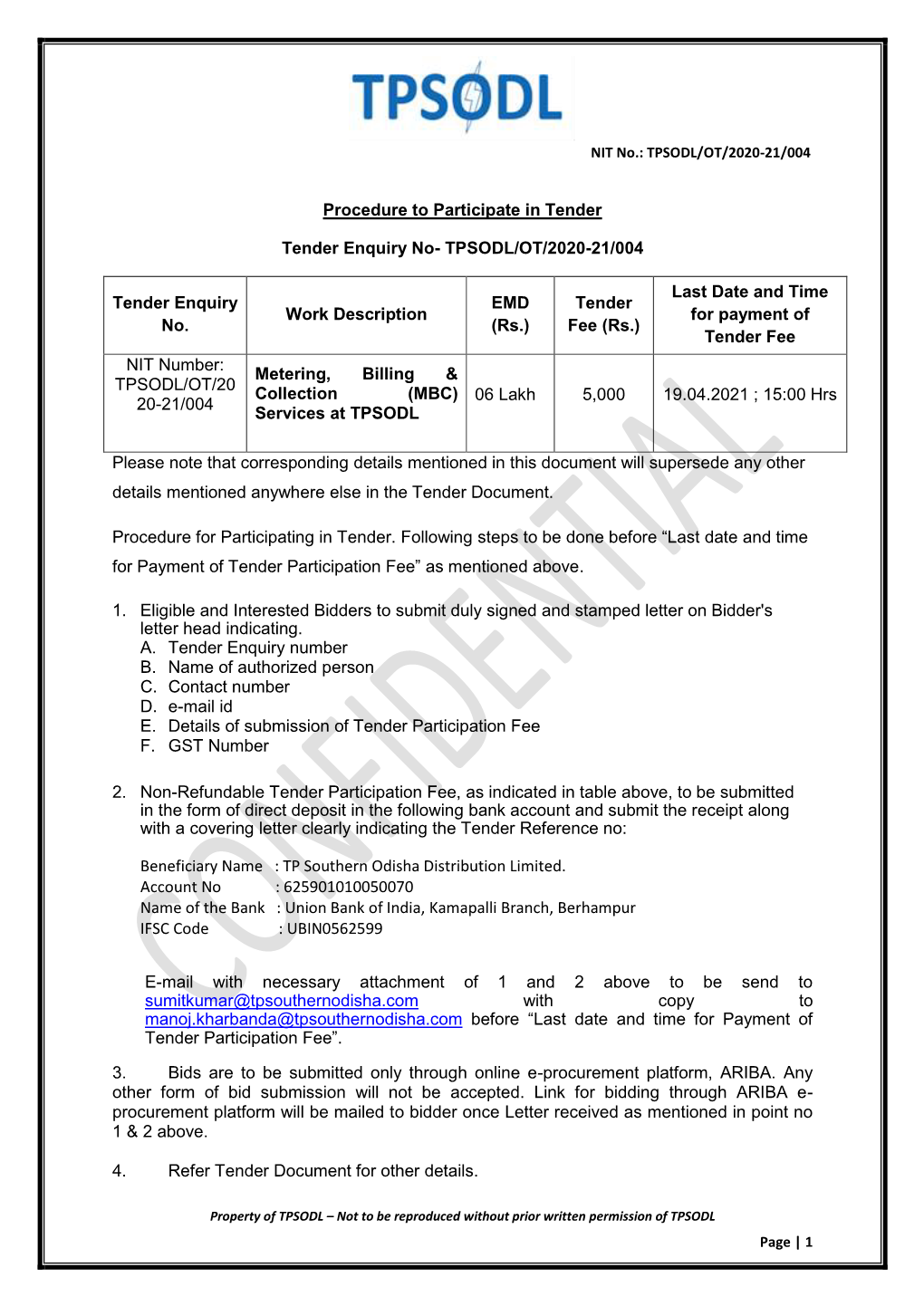 TPSODL/OT/2020-21/004 Tender Enquiry No. Work Description