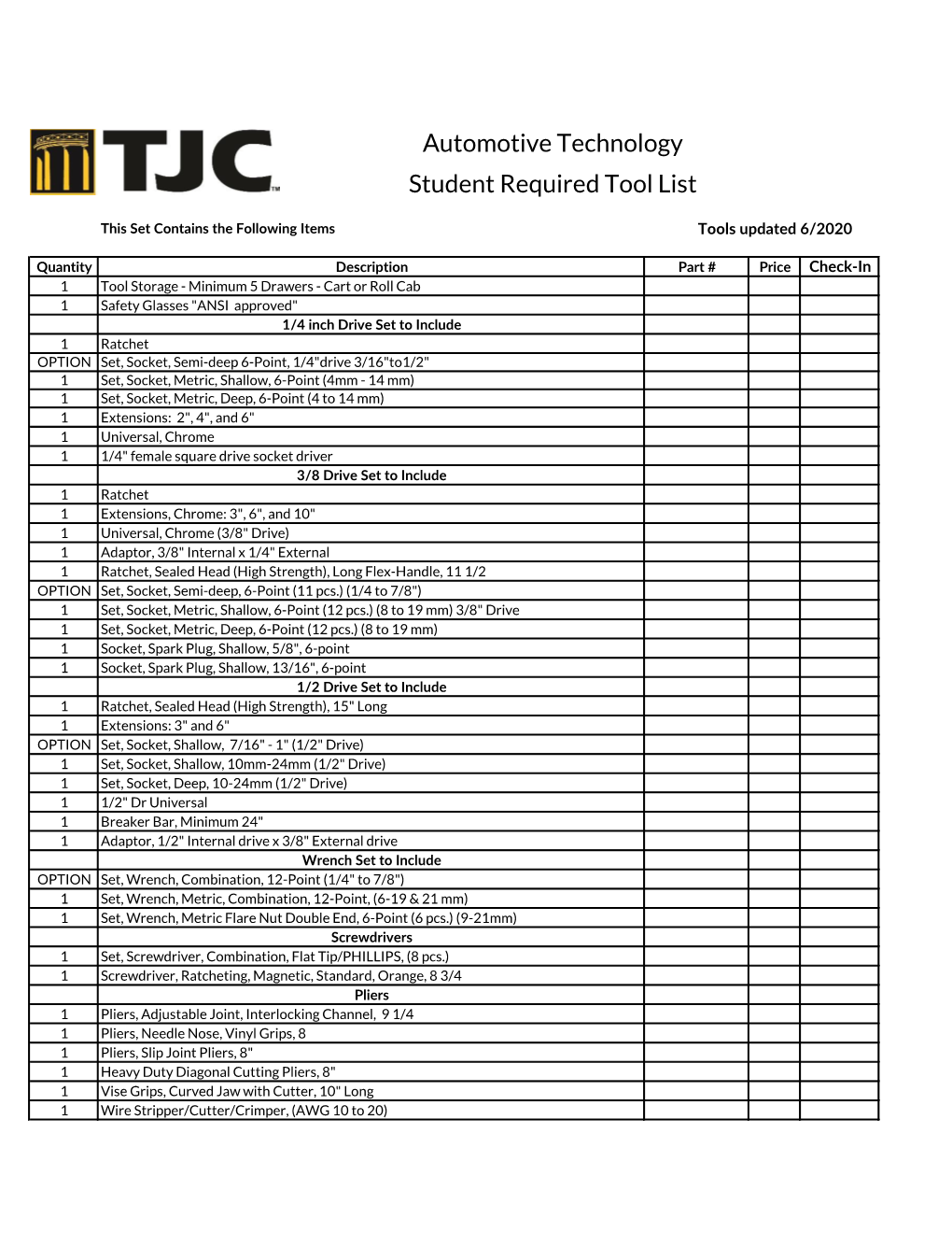 Automotive Technology Student Required Tool List