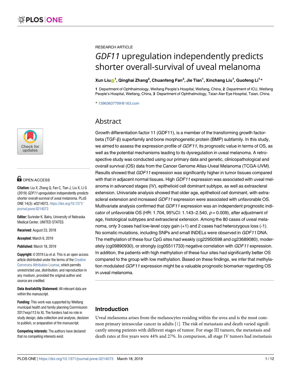 GDF11 Upregulation Independently Predicts Shorter Overall-Survival of Uveal Melanoma