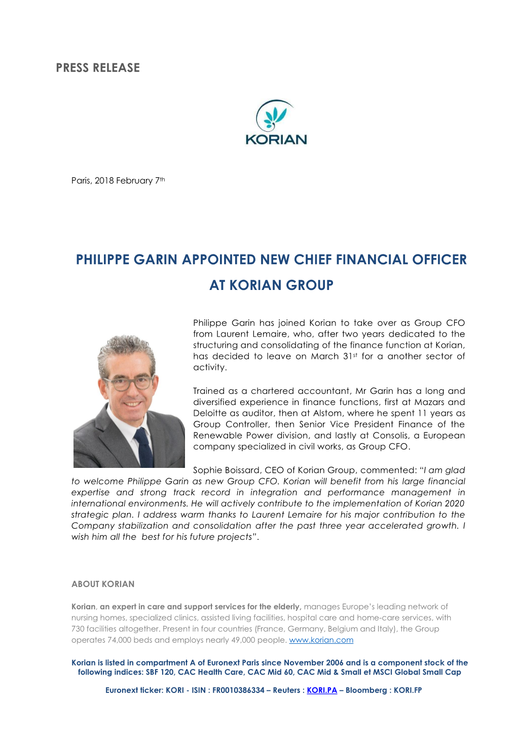 Philippe Garin Appointed New Chief Financial Officer at Korian Group