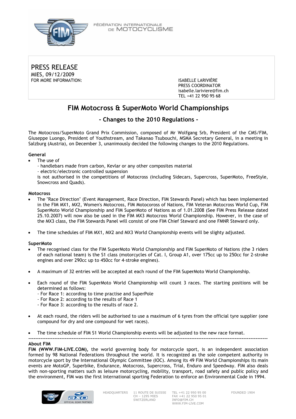 PRESS RELEASE FIM Motocross & Supermoto World Championships