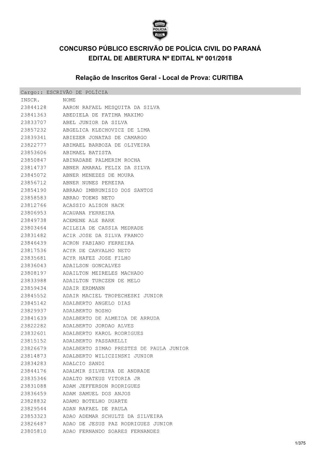 Concurso Público Escrivão De Polícia Civil Do Paraná Edital De Abertura Nº Edital Nº 001/2018