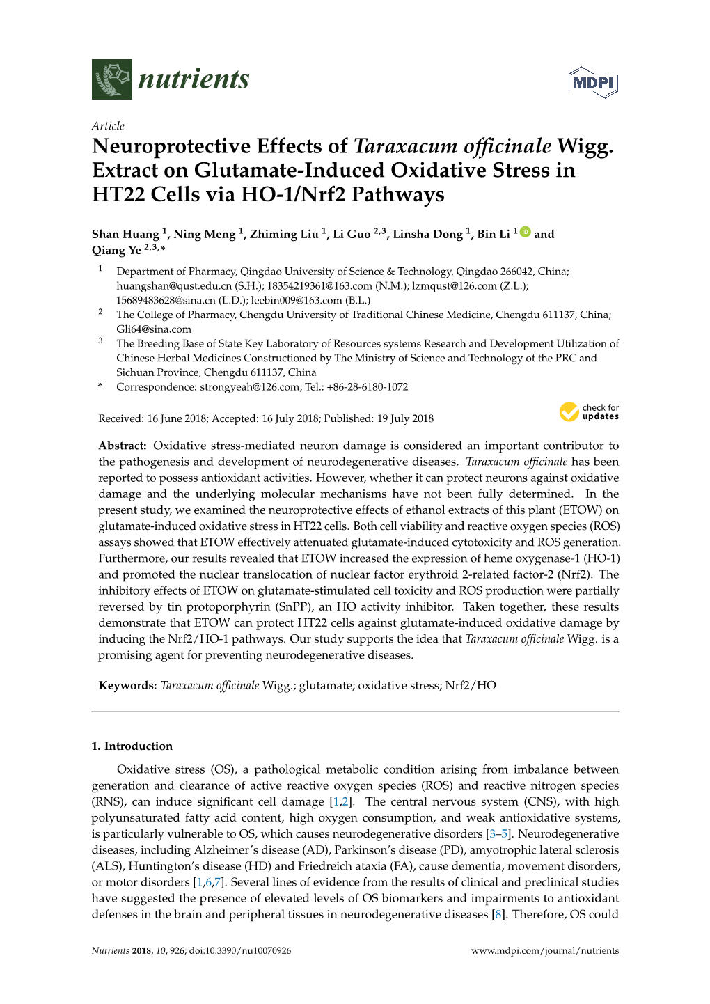 Neuroprotective Effects of Taraxacum Officinale Wigg. Extract On