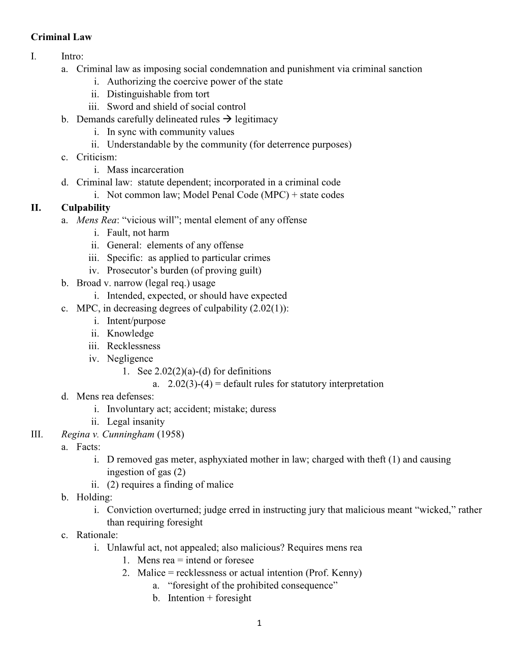 Criminal Law I. Intro: A