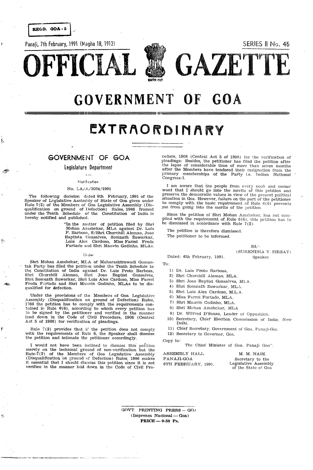 Official G'overnment Of' Goa