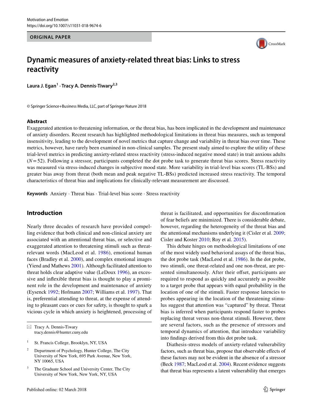 Dynamic Measures of Anxiety-Related Threat Bias: Links to Stress Reactivity