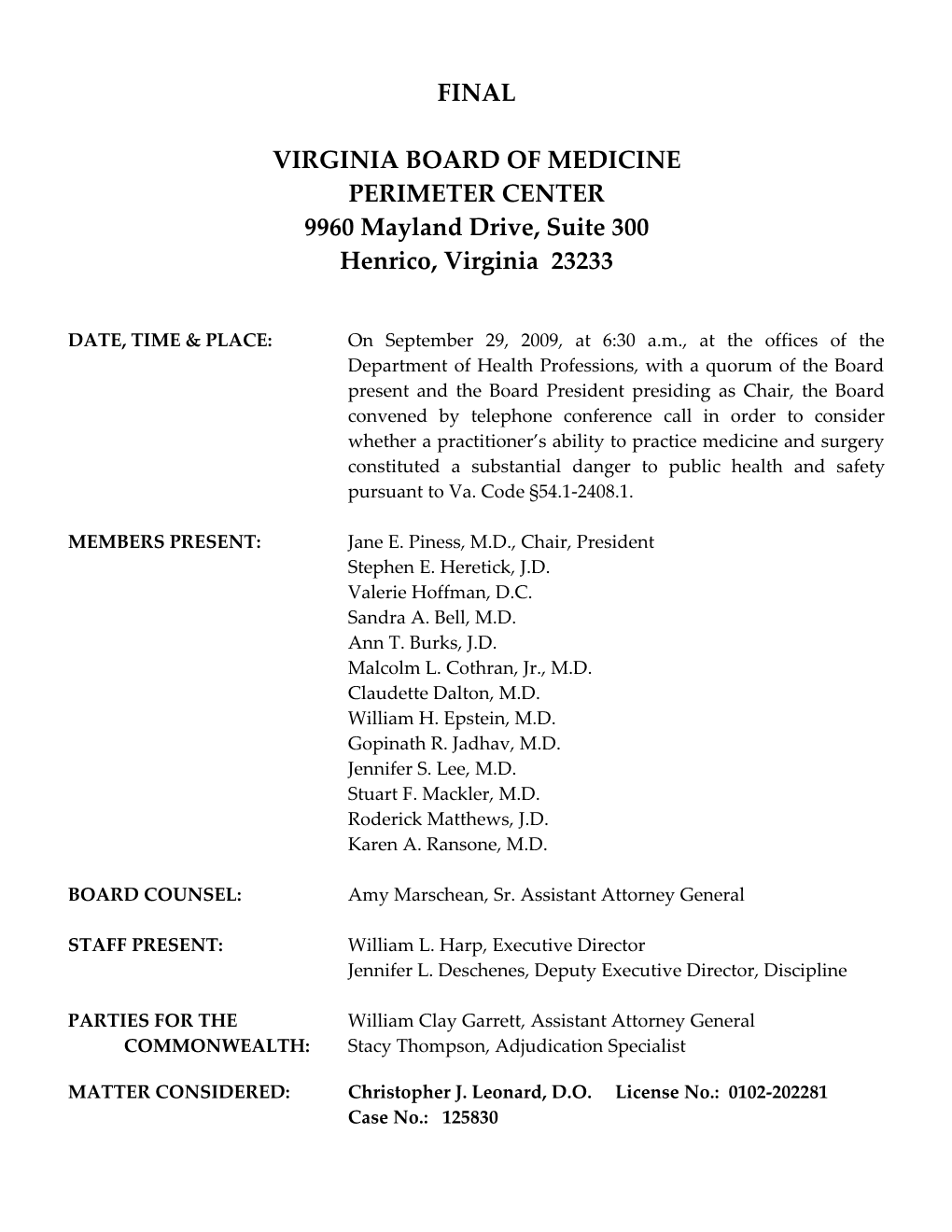 Virginia Board of Medicine Minutes Page #2