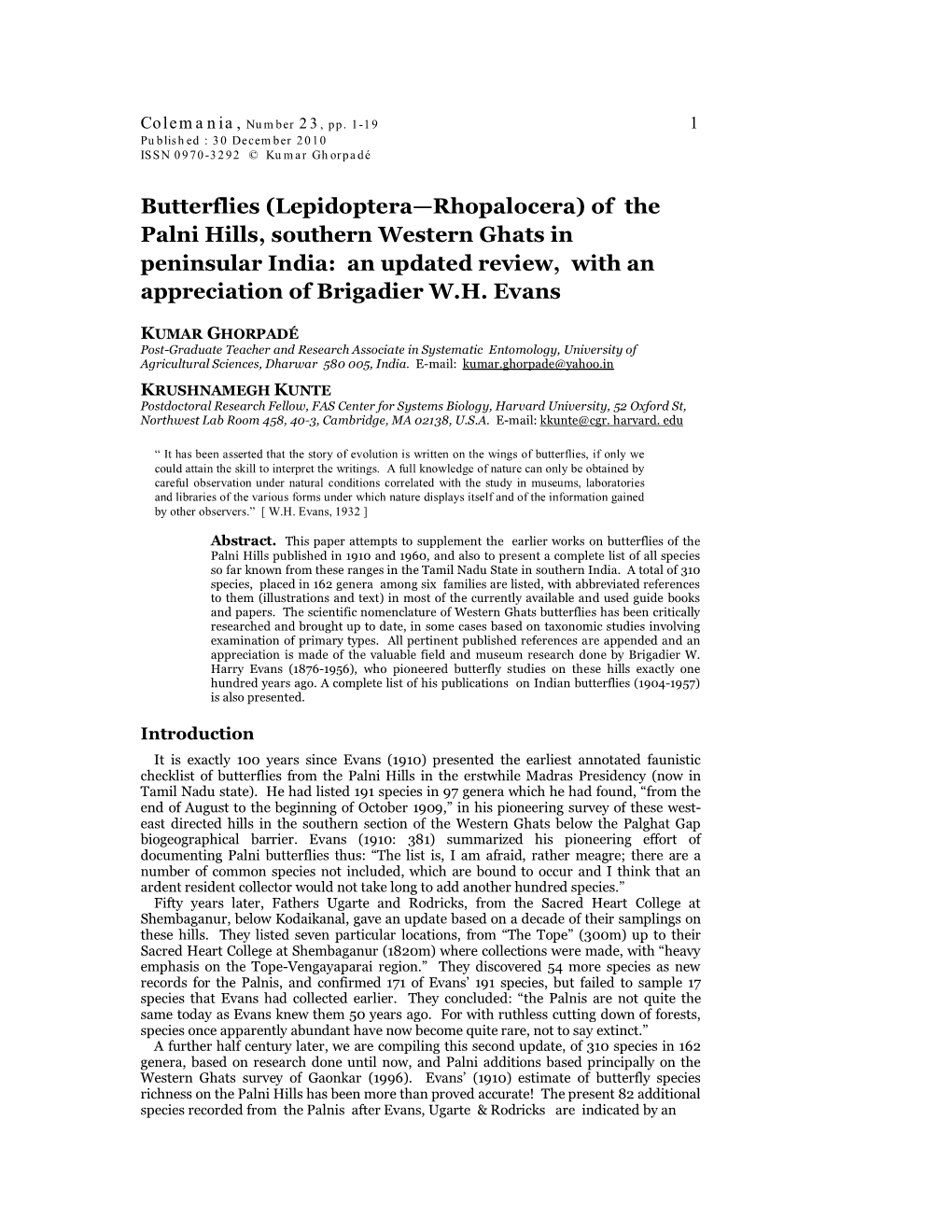 Butterflies (Lepidoptera—Rhopalocera) of the Palni Hills, Southern Western Ghats in Peninsular India: an Updated Review, with an Appreciation of Brigadier W.H