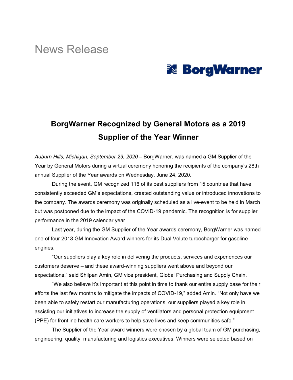 Borgwarner Recognized by General Motors As a 2019 Supplier of the Year Winner