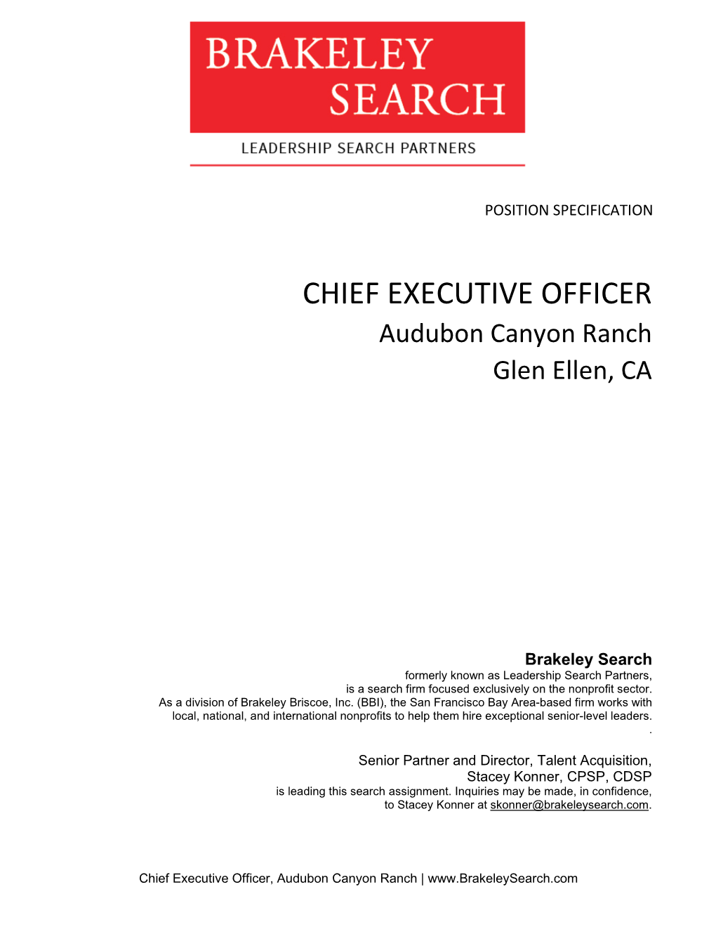 CHIEF EXECUTIVE OFFICER Audubon Canyon Ranch Glen Ellen, CA