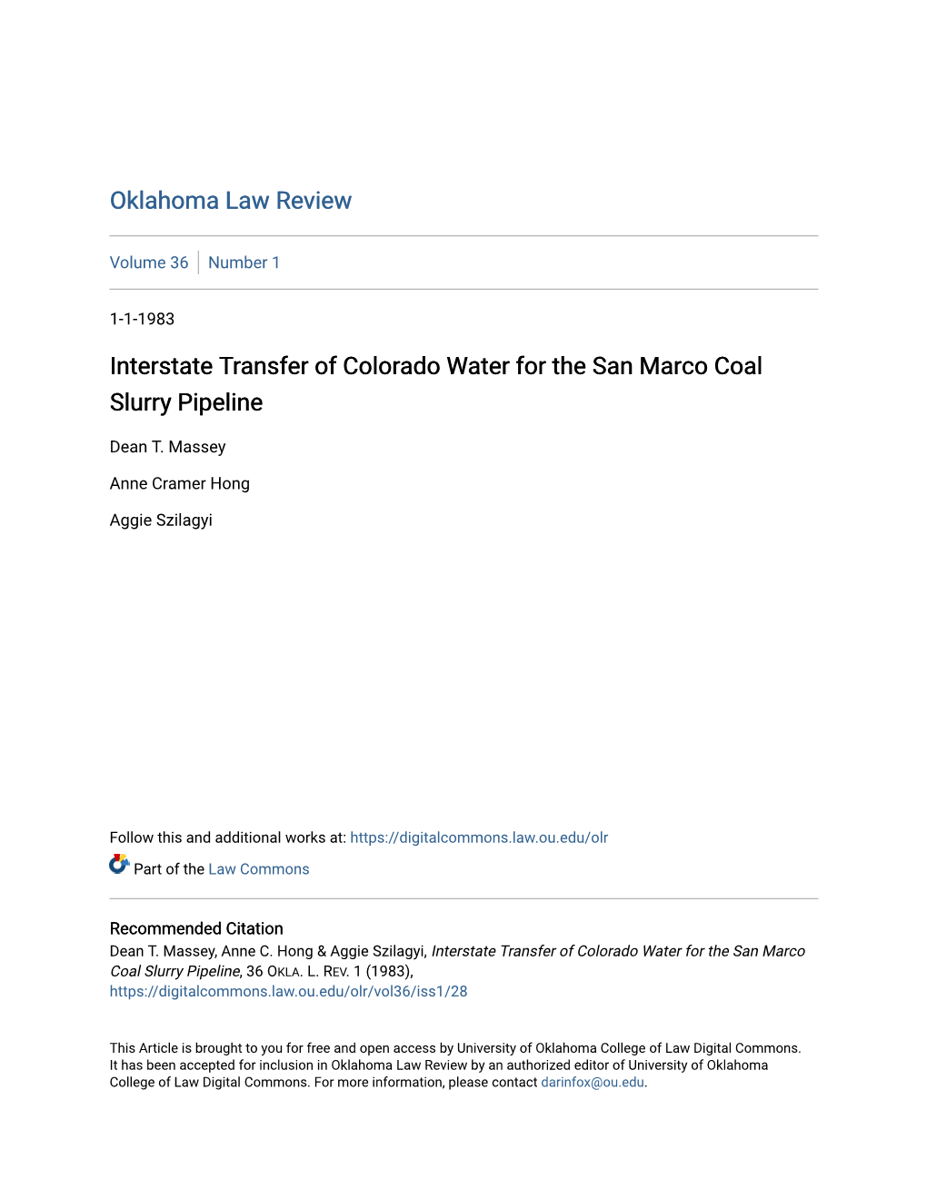 Interstate Transfer of Colorado Water for the San Marco Coal Slurry Pipeline