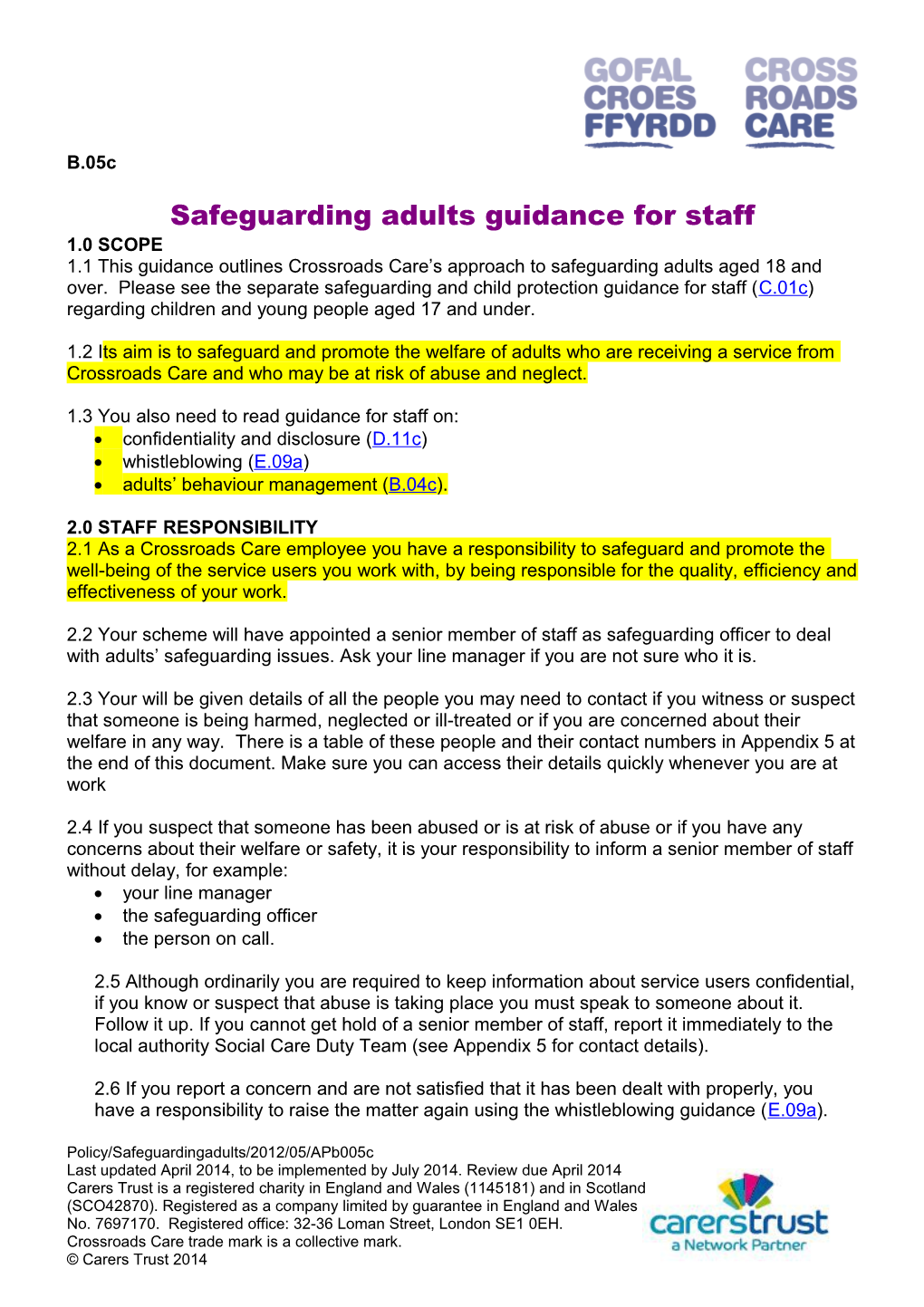 Crossroads Care Safeguarding Adults Guidance for Staff