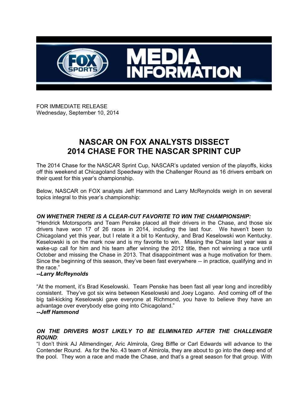 Nascar on Fox Analysts Dissect 2014 Chase for the Nascar Sprint Cup