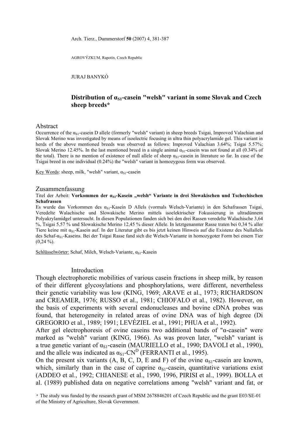 Distribution of Αs1-Casein "Welsh" Variant in Some Slovak and Czech Sheep Breeds*