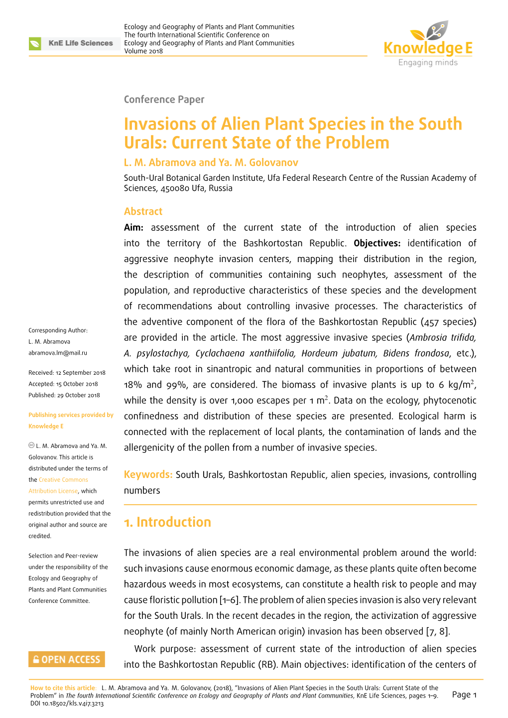 Invasions of Alien Plant Species in the South Urals: Current State of the Problem L
