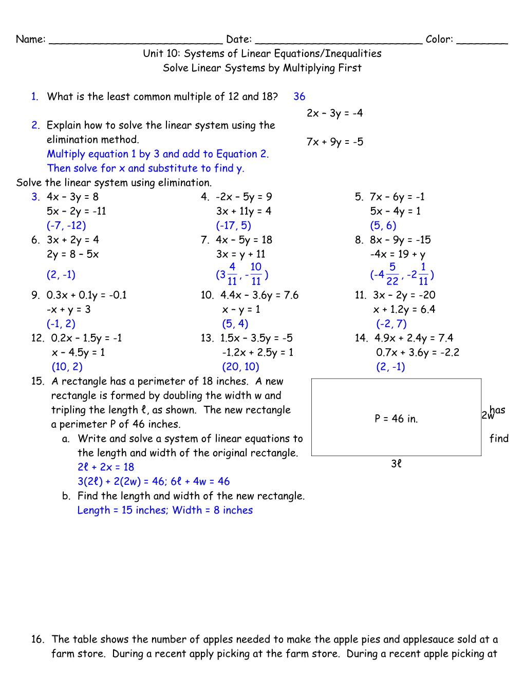 Unit 10: Systems of Linear Equations/Inequalities