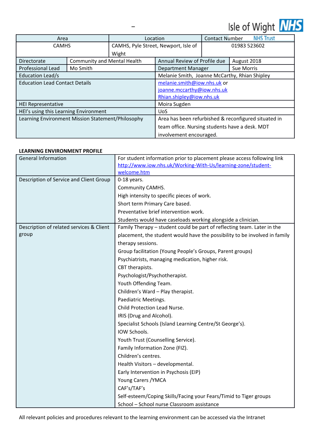 Learning Environment Profile