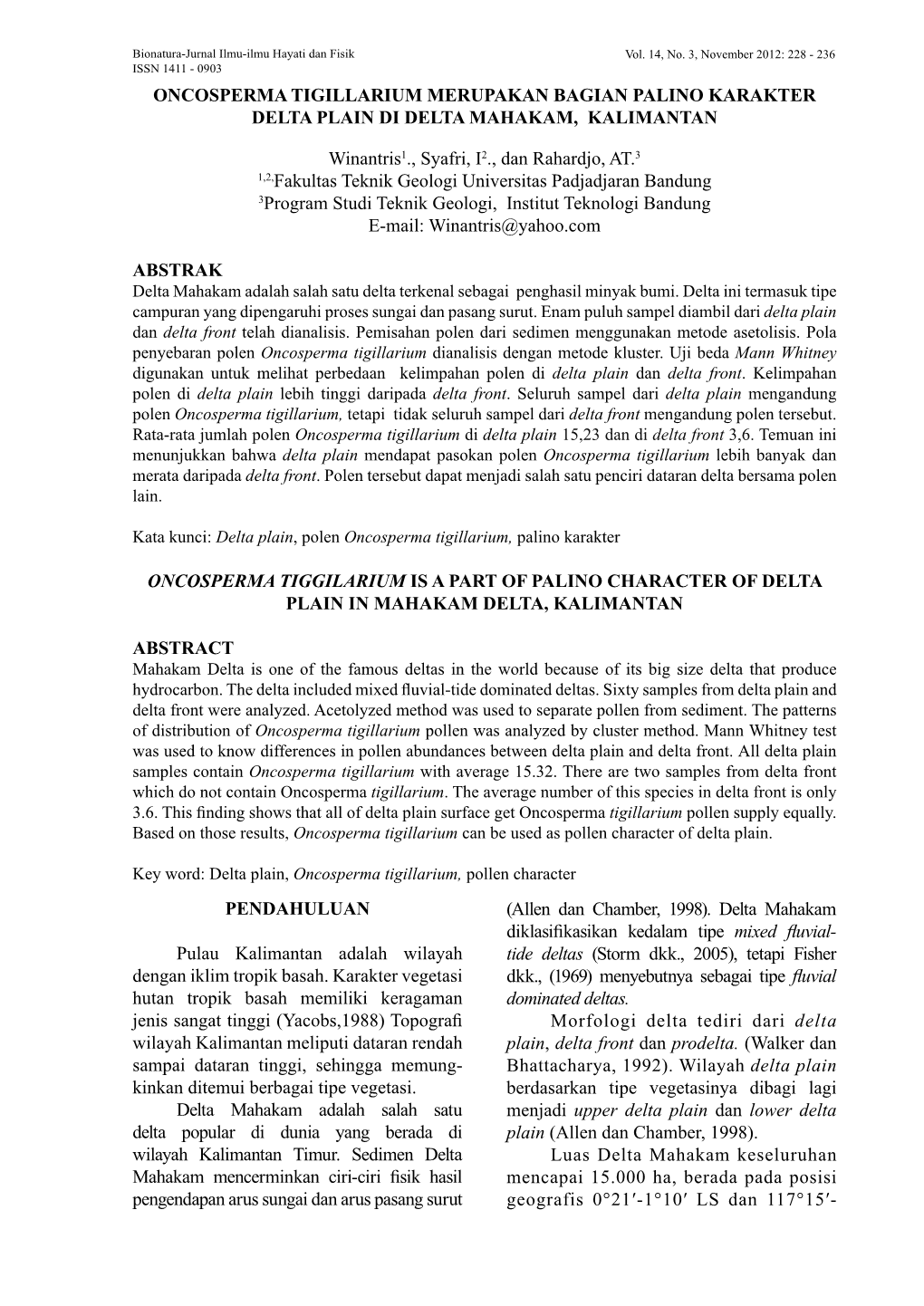 ONCOSPERMA TIGILLARIUM MERUPAKAN BAGIAN PALINO KARAKTER DELTA PLAIN DI DELTA MAHAKAM, KALIMANTAN Winantris1., Syafri, I2