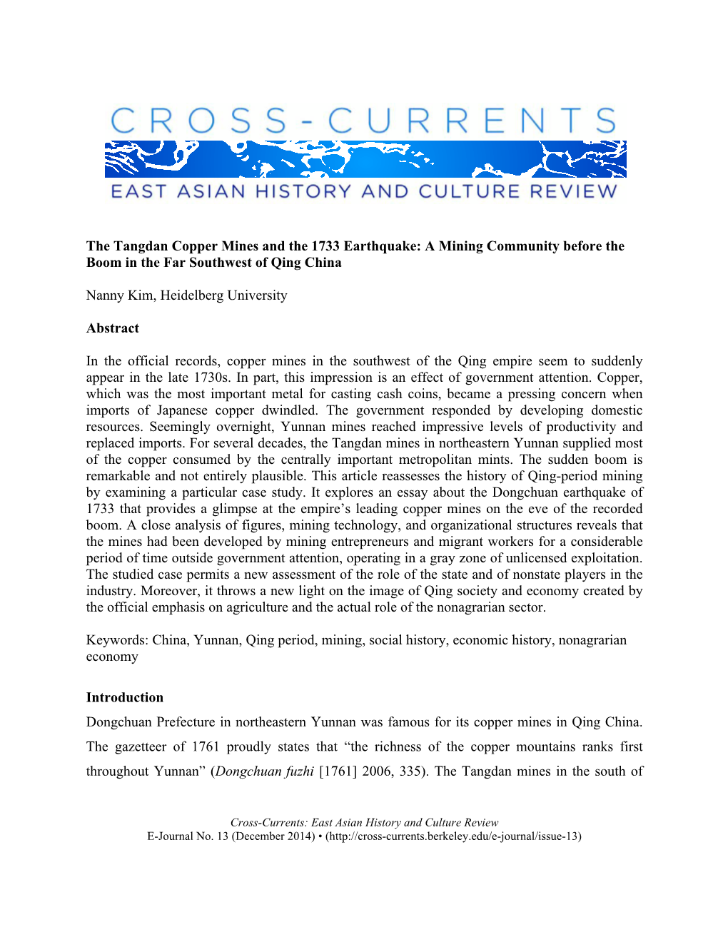 The Tangdan Copper Mines and the 1733 Earthquake: a Mining Community Before the Boom in the Far Southwest of Qing China